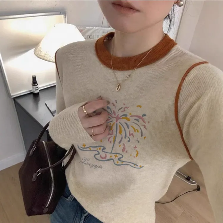 保暖德绒长袖T恤秋冬显瘦新款小众拼接圆领印花撞色打底衫上衣女