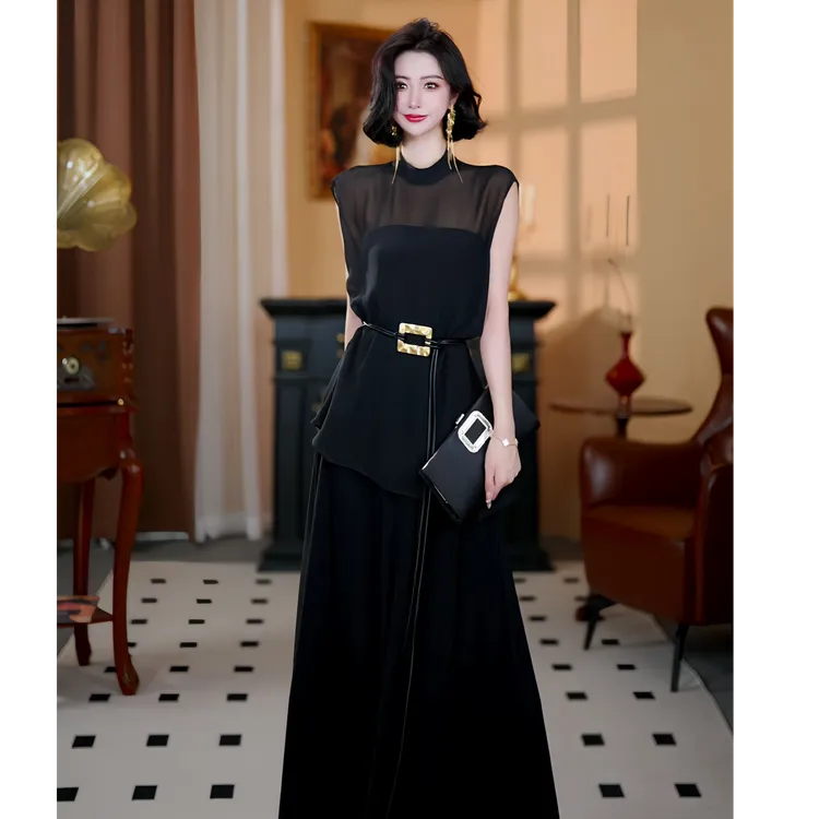 【大晶定制】夏季新款黑色气质设计师时尚真两件无袖罩衫连衣裙
