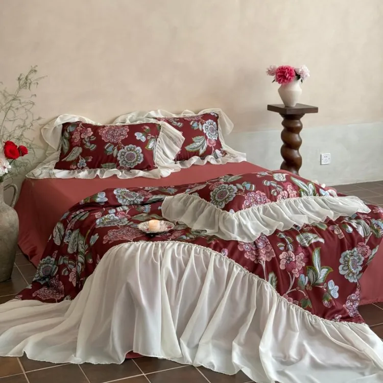 2025新款【夏凉被款-赤海棠】法式油画风天丝棉鱼尾裙摆夏被四件套