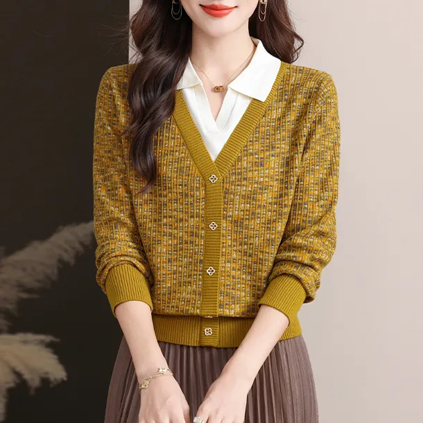 假两件翻领长袖毛针织衫洋气高档显瘦秋装女上衣气质新款毛衣中年