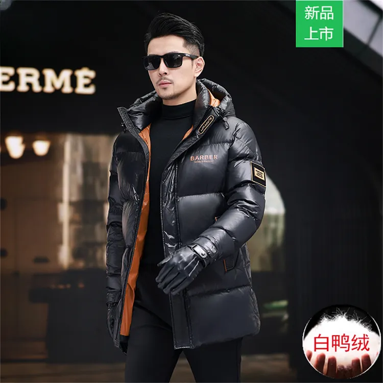 冬季新款男士连帽白鸭绒羽绒服中长款休闲保暖外套