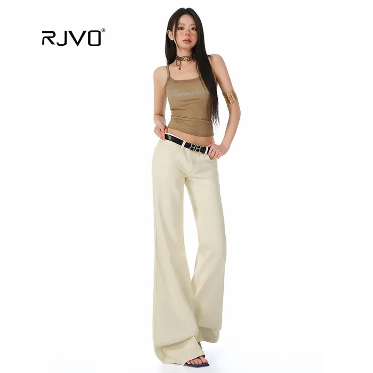 RJVO杏色复古低腰显瘦牛仔裤女新款修身百搭拖地裤时尚休闲微喇裤
