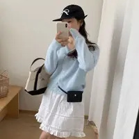K2253 韩系浅蓝色V领拼蕾丝针织开衫