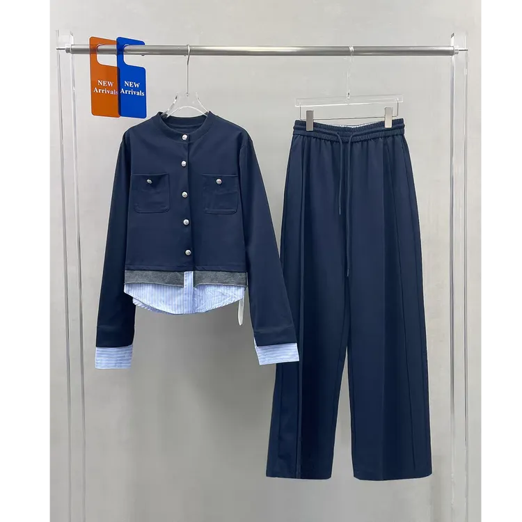 韩系拼接条纹休闲短外套阔腿裤套装女2025秋季新款减龄撞色两件套