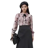 《魔M》韩版时尚翻领印花显瘦长袖丝绒衬衫25冬新款品牌折扣女装