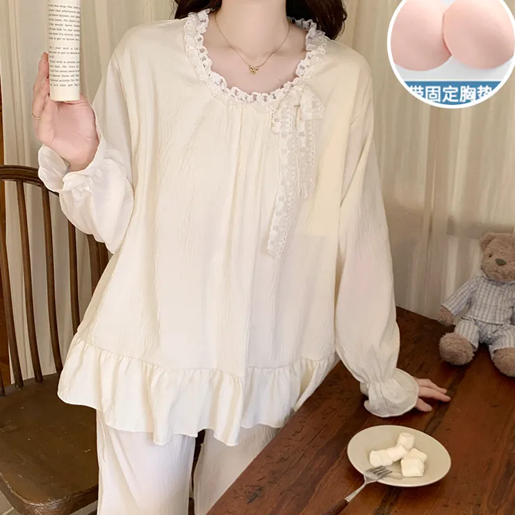 睡衣女款春秋季带胸垫甜美网红长袖长裤花边女士大码家居服套装冬