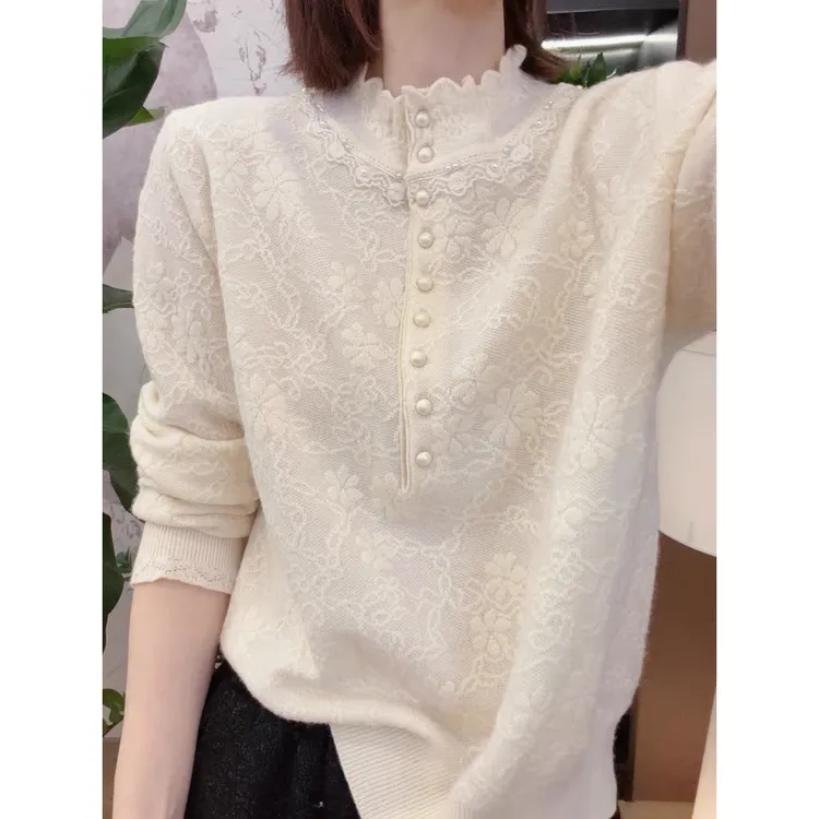 B 门店3&9/9！珍珠扣毛衣」气质暗纹提花蕾丝花边领针织衫女 T4852