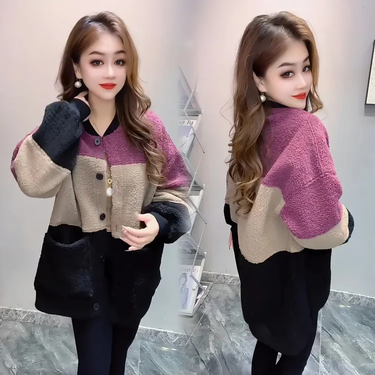 加绒加厚颗粒绒外套2025秋冬新款设计感减龄撞色拼色宽松百搭外套