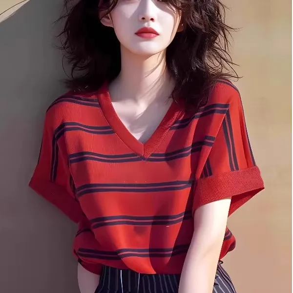 2025夏季韩系chic洋气减龄独特别致漂亮上衣多巴胺针织条纹T恤女