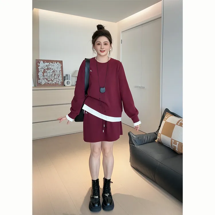 【胖佳佳】现货~西西里 假两件圆领卫衣半身裙休闲两件套H625Z13304