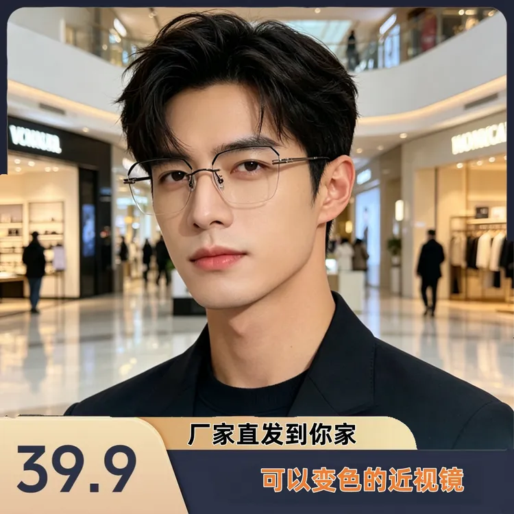 【变色近视镜】气质斯文无边框变色近视眼镜防蓝光护目男女超轻时尚商品图