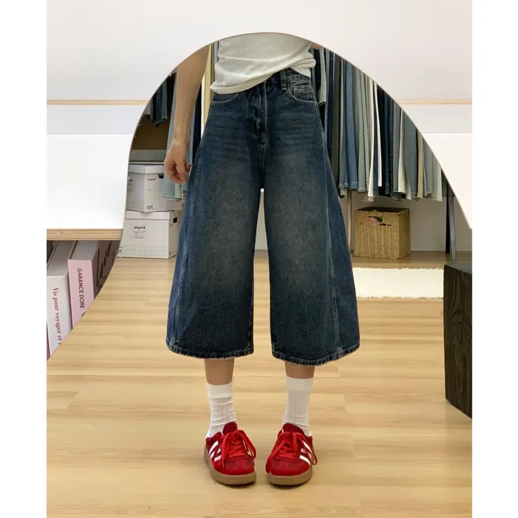 美式复古阔腿牛仔短裤女2025夏季新款水洗做旧宽松显瘦直筒七分裤
