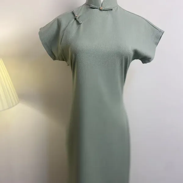 【0004诗韵】蓝绿黄藏青色纯色素面单层春夏全开襟旗袍夏季中式女款