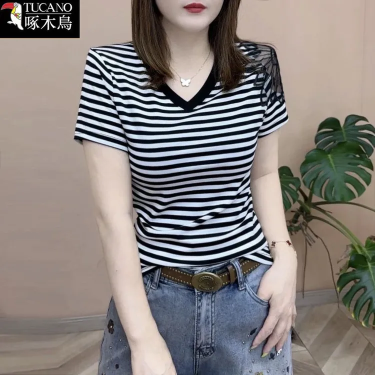 啄木鸟夏季条纹撞色短袖V领显瘦t恤女2025年新款镂空设计感上衣潮