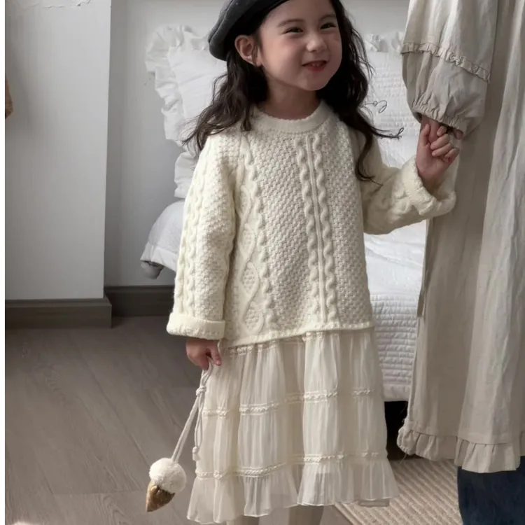 女童春秋连衣裙2025新款女宝宝毛衣拼接公主裙韩版可爱洋气针织裙