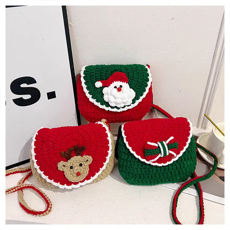 新款圣诞节手工钩织毛线包卡通可爱节日氛围儿童斜挎包小众针织包
