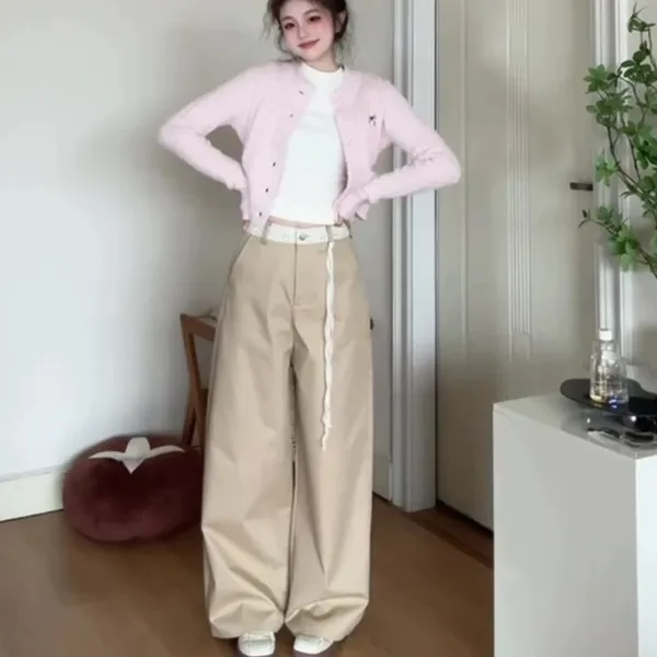 裤子女款爆款新款卡其色蕾丝拼接西装休闲裤女