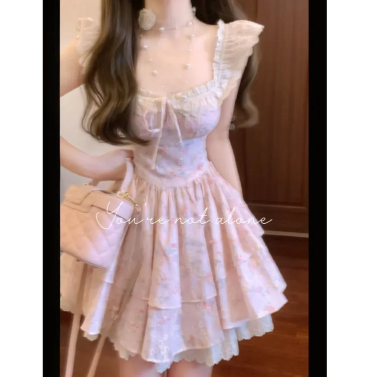 【樱织花翎】2025夏季新款甜美少女风小飞袖温柔碎花收腰显瘦连衣裙