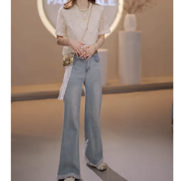 2025夏季法式重工双层蕾丝刺绣气质衬衫短袖+蕾丝牛仔裤LK2502927