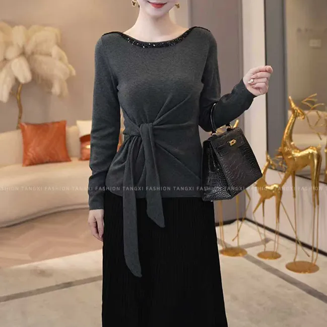 2025年秋冬新款【8024】含绵羊毛优雅系带收腰设计长袖圆领针织毛衣