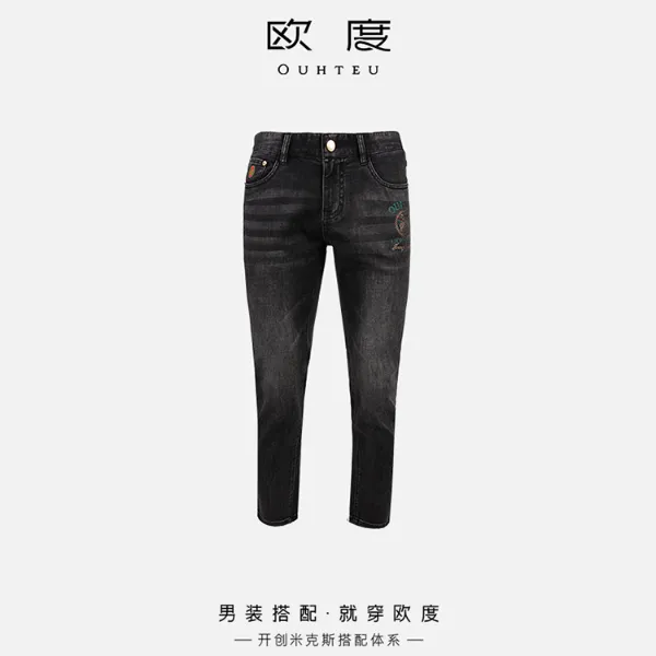 OUHTEU/欧度【品牌logo 精致烫钻】春夏新款刺绣牛仔裤男修身7503