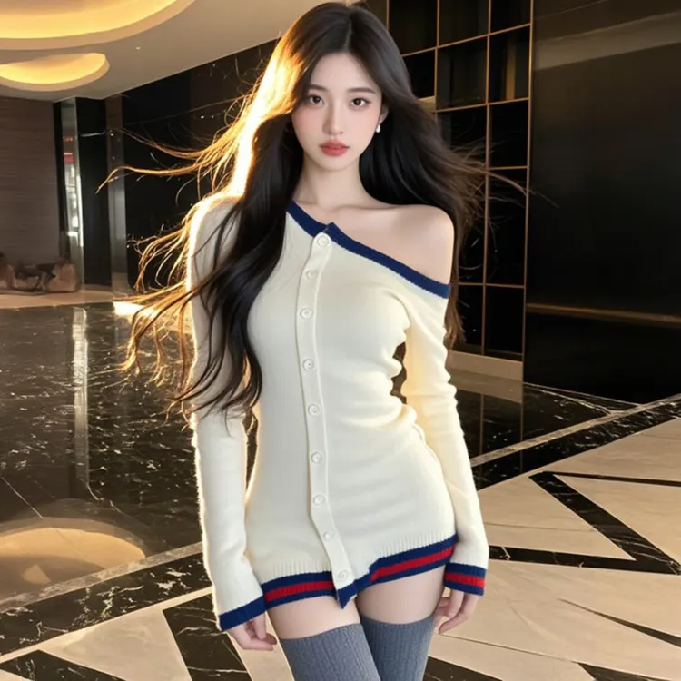 2025秋季新款斜领针织连衣裙拼色设计性格辣妹包臀裙