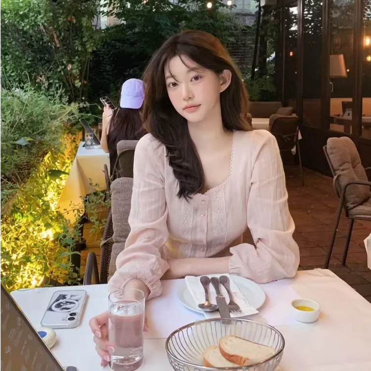 FCYSTUIDOHZJ 韩系早秋小香风上衣收腰显瘦蕾丝粉色方领长袖衬衫