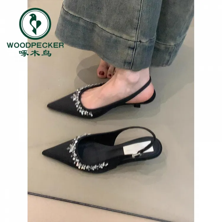 啄木鸟水钻高跟鞋女一脚蹬仙气包头凉鞋女后绊带尖头春夏气质单鞋