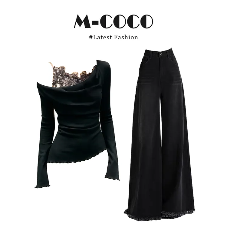 parkyeon冬季搭配一整套假两件针织衫拼接蕾丝上衣牛仔裤套装