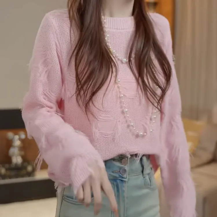 设计感宽松流苏磨破打底衫女2025新款春季时尚纯色长袖针织衫上衣