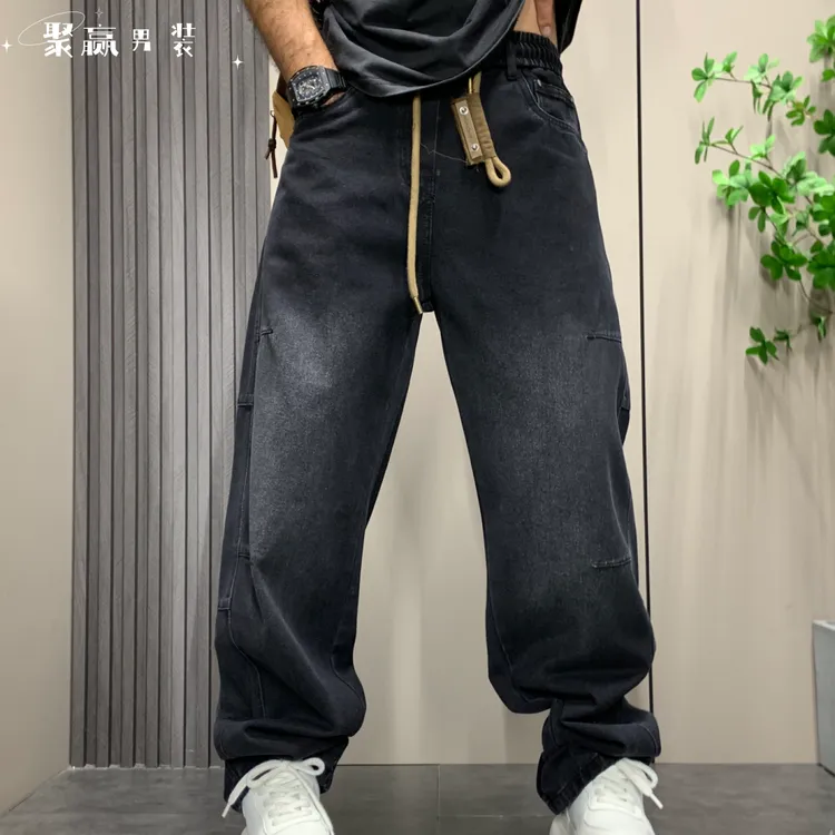 美式高街大码弯刀裤拼接牛仔裤阔腿裤城市机能风水洗做旧牛仔裤男