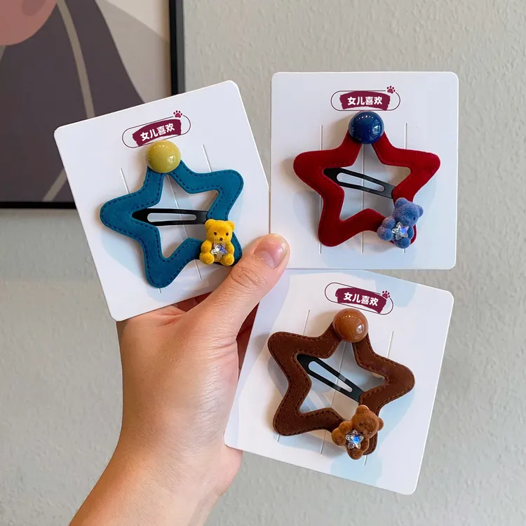 可爱植绒五角星星发夹可爱小熊侧边发卡子女童新款发饰百搭碎发夹商品图