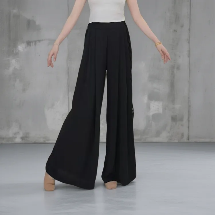 25631古典舞蹈裤双边系带前捏褶垂坠阔腿裤宽松飘带女飘逸舞蹈裤