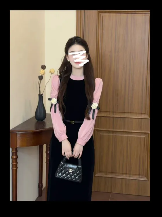 【黑粉玫瑰】法式千金风高级感撞色黑丝绒连衣裙3413#