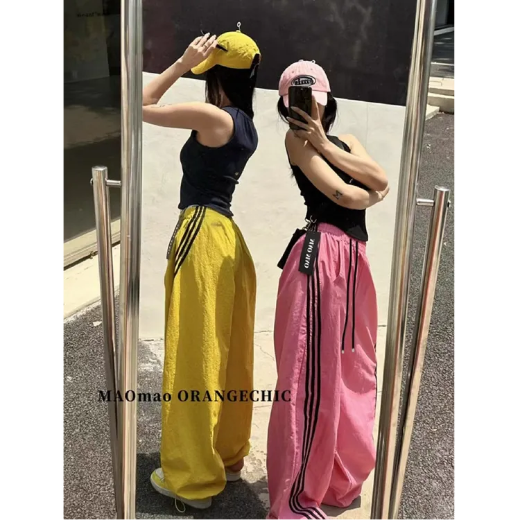 美式复古三条杠运动裤女夏季薄款防晒速干裤束脚拖地工装长裤T