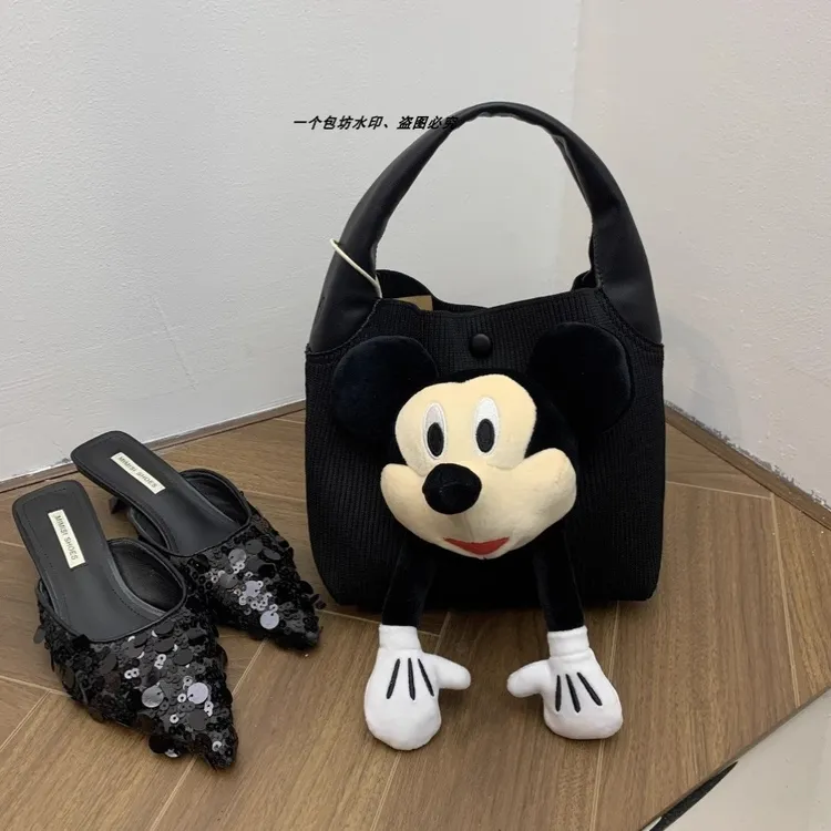 可爱米奇罗纹针织小水桶包托特包女小众设计包包单肩包手提斜挎包