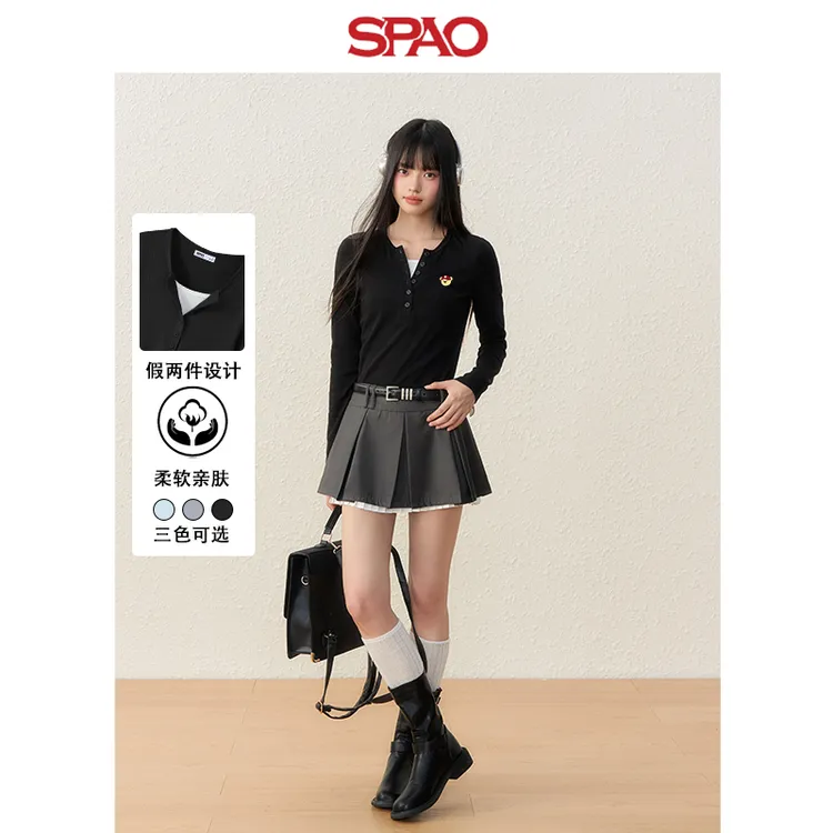 SPAO韩国同款小熊设计女装2025秋学院时尚高级开领假两件打底衫YC