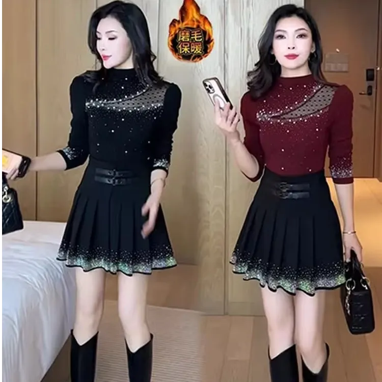 修身洋气立领法式打底衫显瘦百搭T恤减龄烫钻时尚气质上衣