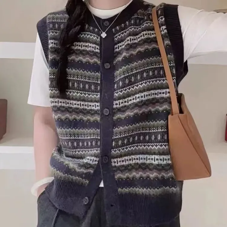 2025早秋新款复古提花马甲针织外搭叠穿时尚套头女士上衣开衫1060