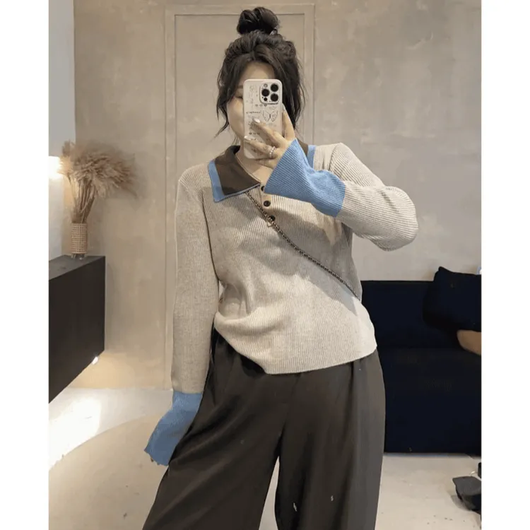 大码美式复古撞色翻领针织衫女秋冬新款微胖mm修身显瘦打底衫上衣