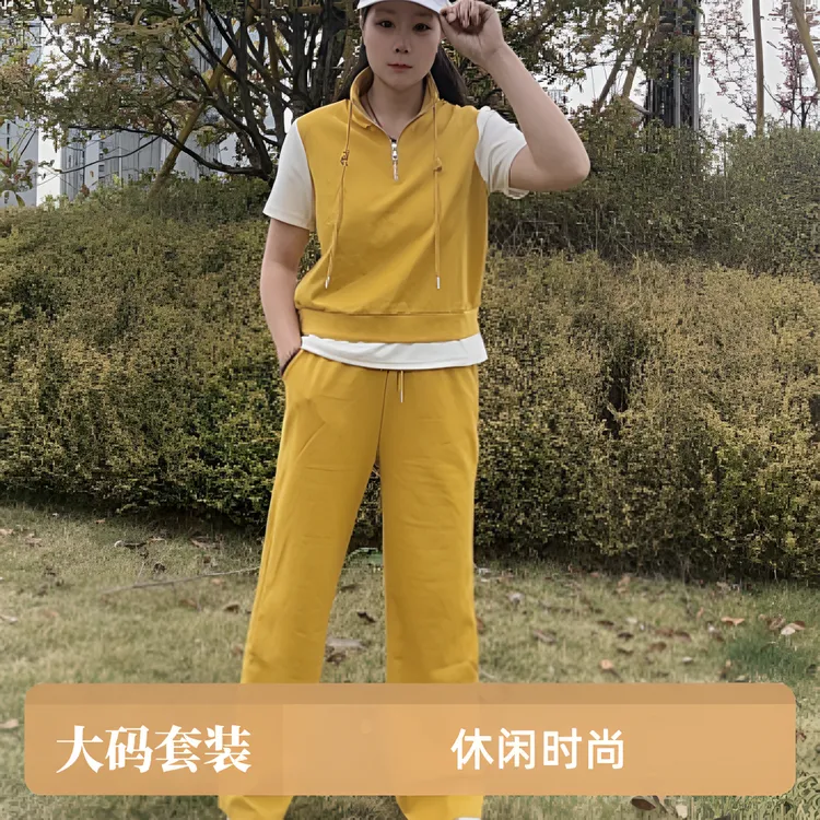 大码女装夏季新款跑步户外休闲运动服套装胖mm减龄显瘦短袖两件套