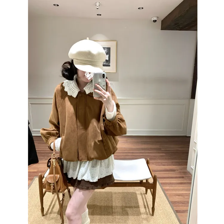 韩系美拉德可拆卸花边领棕色外套+V领蕾丝镂空长袖上衣套装D712