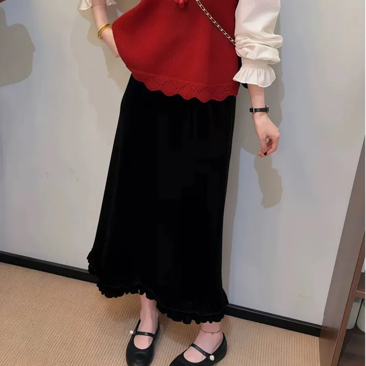 黑色双层花边丝绒半身裙今年流行女装早秋冬季气质显瘦直筒裙半裙