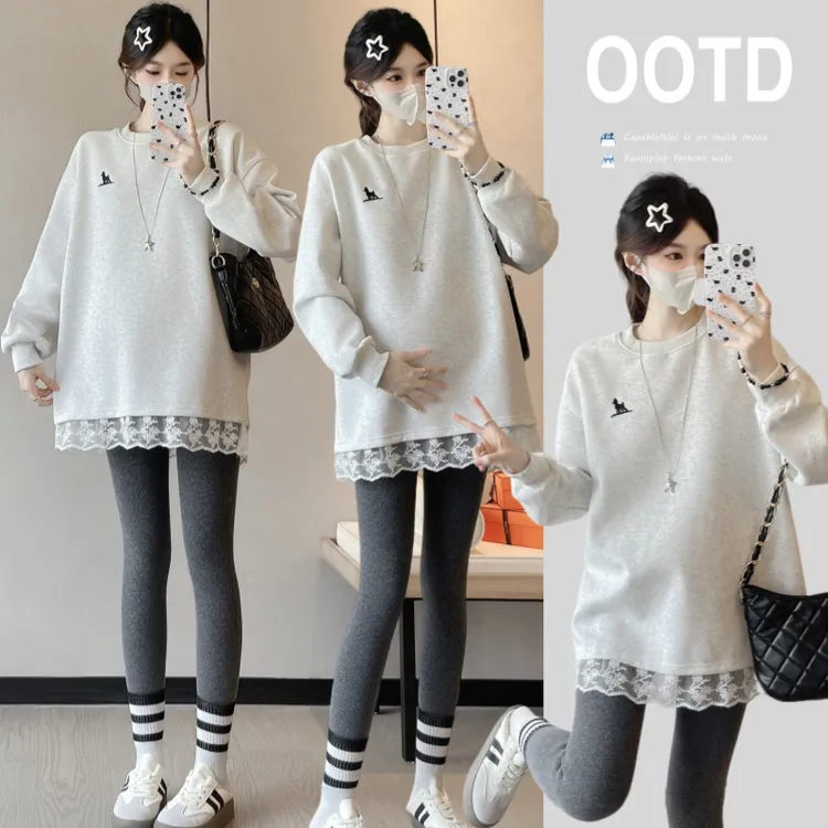 孕妇套装2025秋冬新款圆领T恤卫衣孕妇打底时尚外穿孕妇装