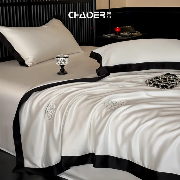 巢尔【山茶花】天丝夏被四件套蚕丝夏凉被空调被凉感被套床单被子