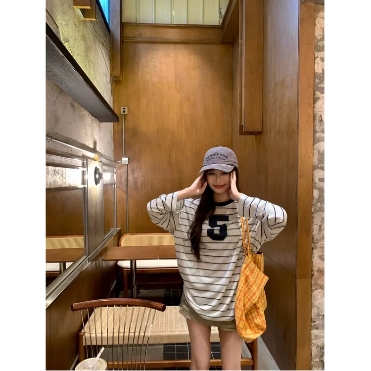 小韩系街头hun~条纹球衣T恤显瘦休闲宽松时尚长袖上衣女A3773