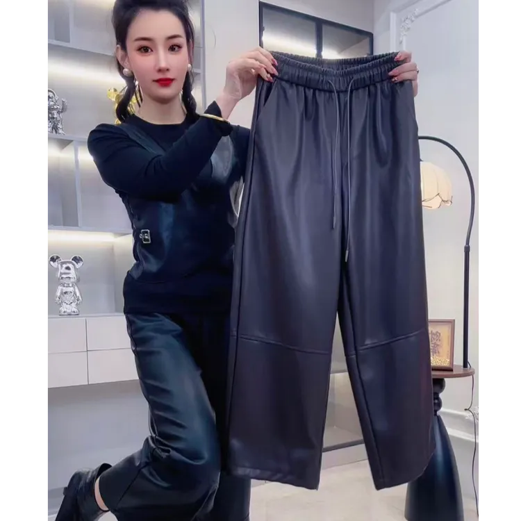 欧货秋冬加绒加厚磨毛蛋白pu皮窄版阔腿裤女百搭时尚直筒裤九分裤