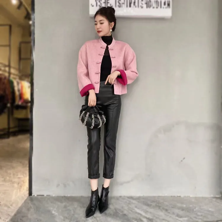 【俊英】2025秋冬新品新国风盘扣两面撞色短款手工双面羊绒外套女