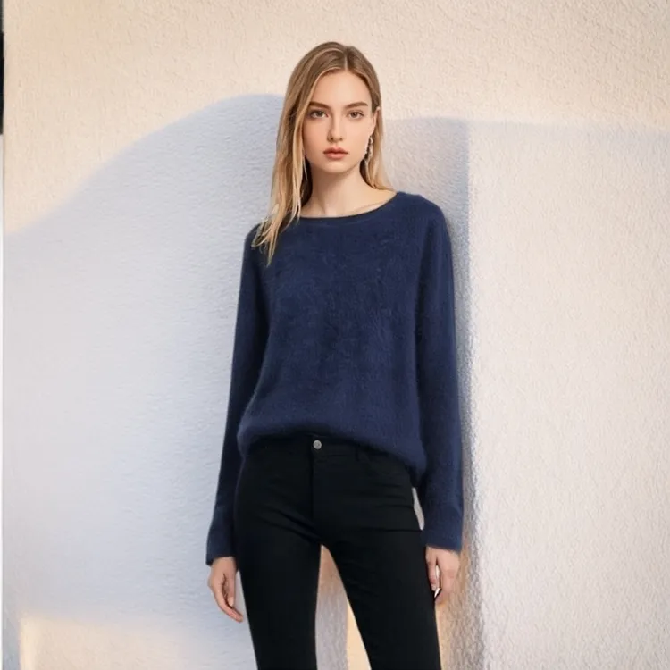 AM~小一字领~工厂原单拉绒韩版慵懒风毛衣女拉毛针织衫秋冬5433