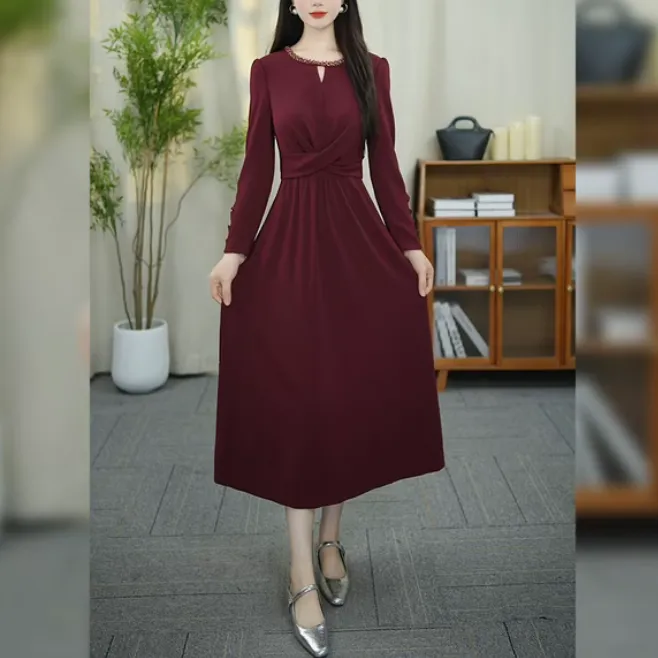 【月影女装】WT160显瘦修身秋季气质长袖设计感收腰中长款连衣裙